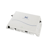 CEL-FI GO G51 single-carrier 5G signal booster, angled view showing antenna ports, DC power input, Ethernet port and heatsink fins