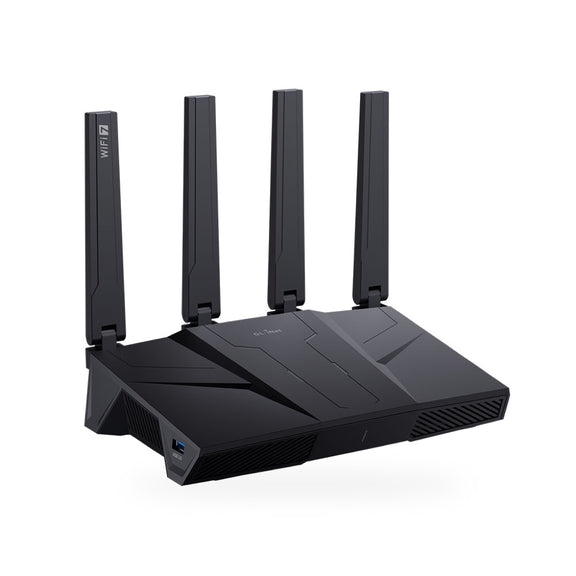 GL.iNet Flint 3 Wi-Fi 7 router, front three-quarter view showing the front USB 3.0 port
