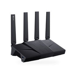 GL.iNet Flint 3 Wi-Fi 7 router, front three-quarter view showing the front USB 3.0 port