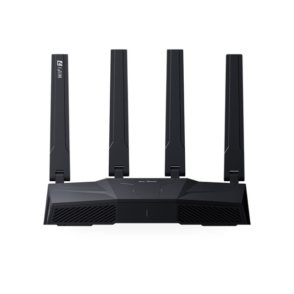 GL.iNet Flint 3 Wi-Fi 7 router, front view with four antennas raised