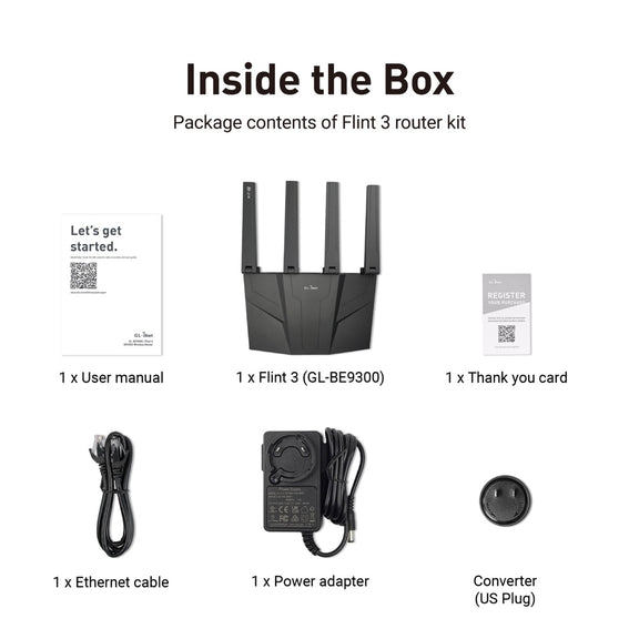 Flint 3 what's in the box: router, power adapter, Ethernet cable and quick start guide
