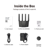 Flint 3 what's in the box: router, power adapter, Ethernet cable and quick start guide