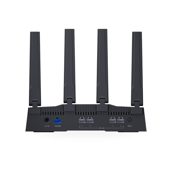 GL.iNet Flint 3 rear ports: DC 12V, 2.5G WAN, four 2.5G LAN, and reset button