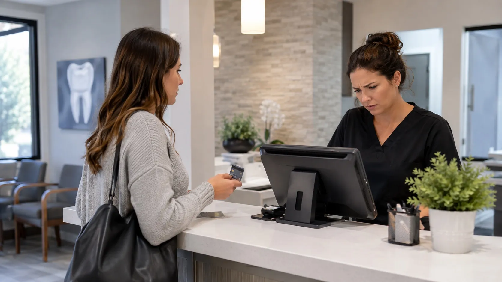 A patient holding a card at a dental front desk while staff look at the payment terminal.