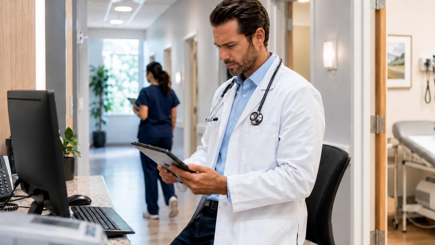 A physician reviewing a chart on a tablet in a clinic corridor outside the exam rooms.