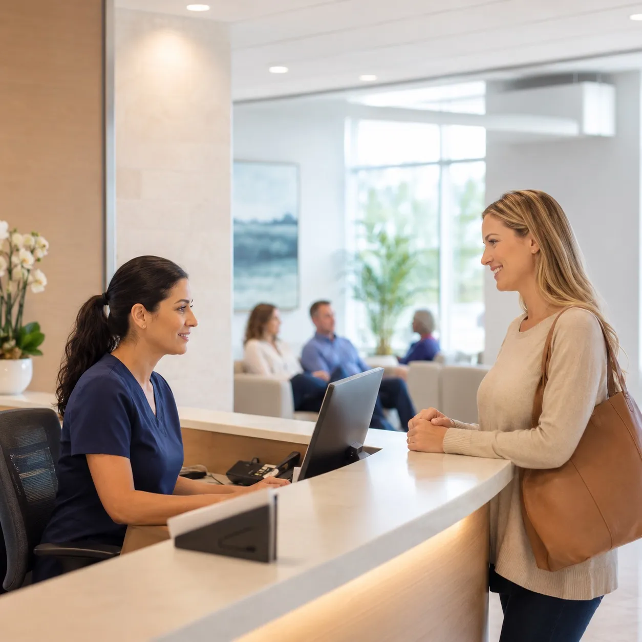 A clinic receptionist checking in a patient at the front desk, with the waiting room behind.