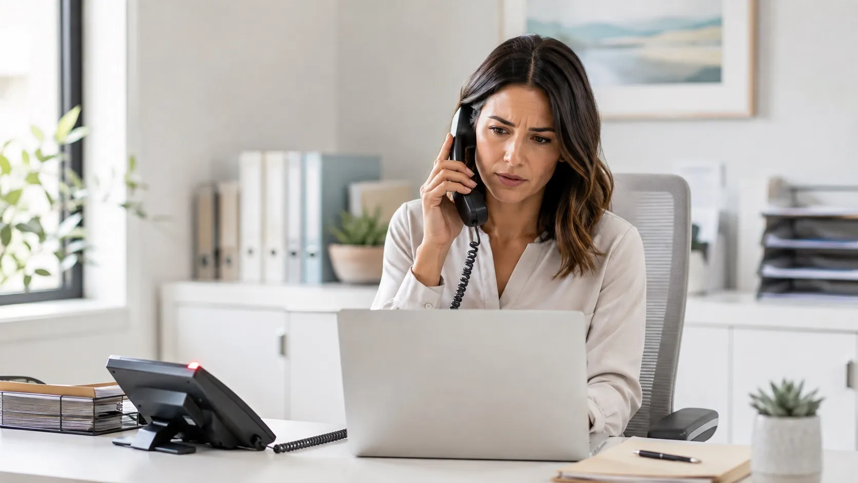 A business operator on the phone at a laptop, chasing an outage.