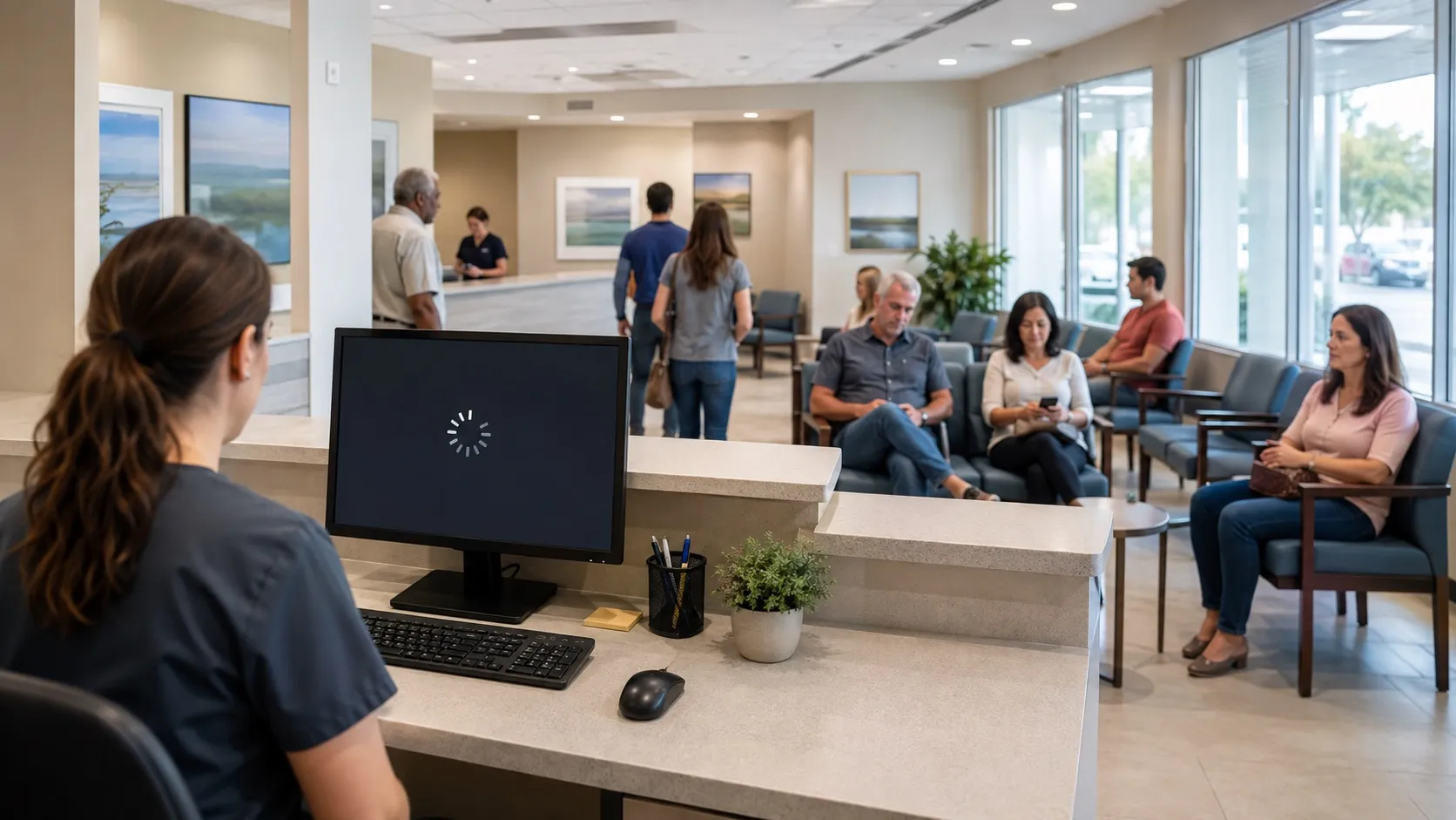 A clinic reception screen stuck loading while the waiting room fills up behind the desk.