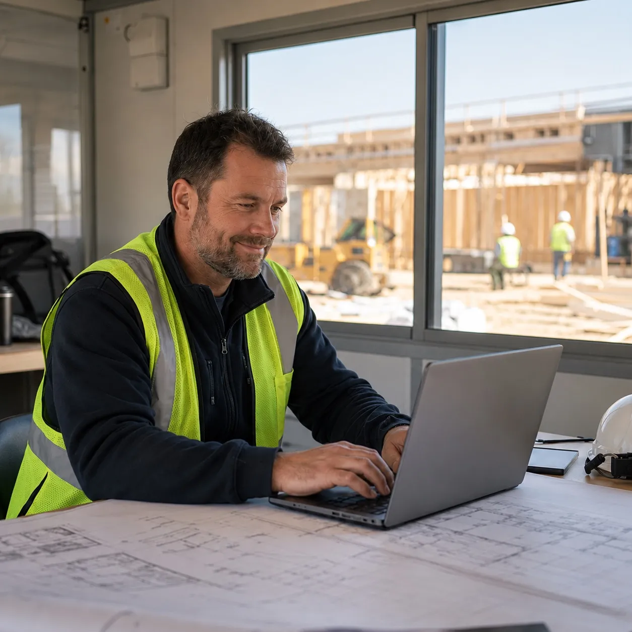 A project manager working at a laptop in a site trailer, plans on the desk and an active build outside.