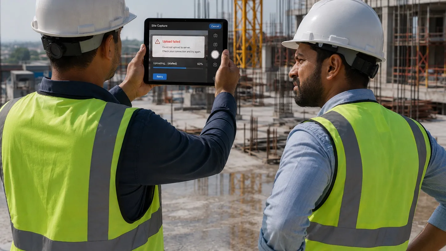 Two workers on a fresh concrete deck, one holding up a tablet to photograph the pour.
