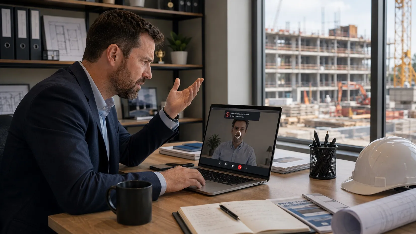 A contractor on a video call in a site office, an unstable-connection warning on screen and a build visible through the window.
