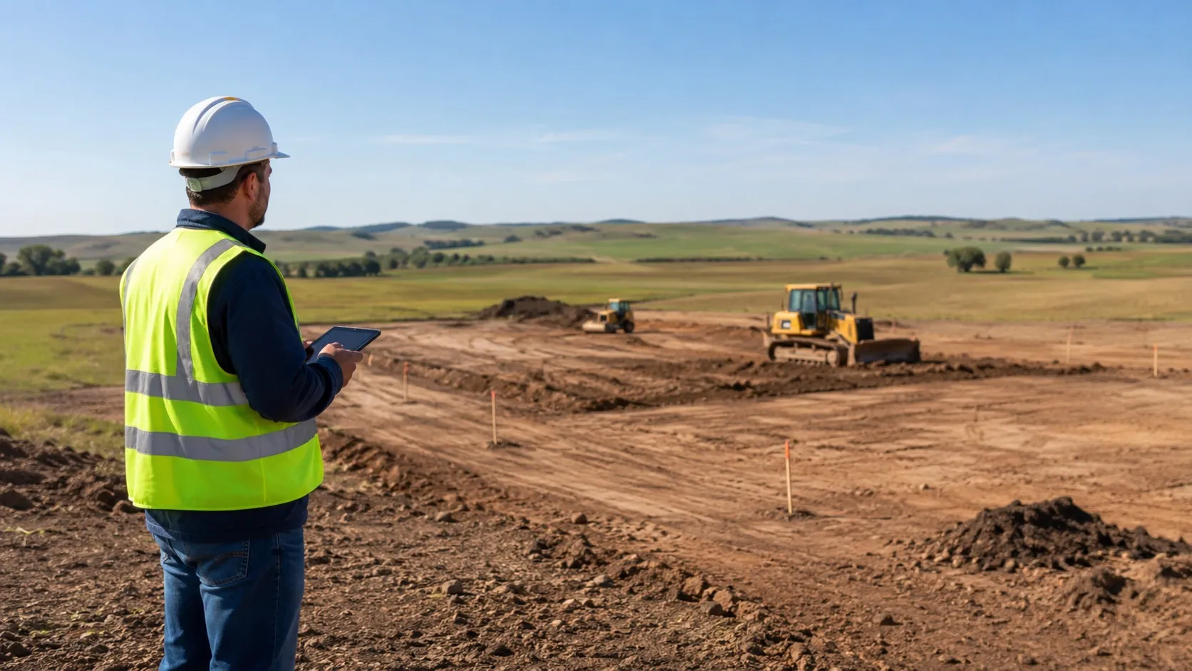 A site engineer with a tablet at the edge of a greenfield earthworks site, dozers working in the distance.