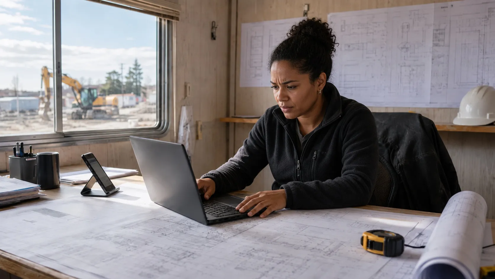 A project manager at a laptop in a site trailer, drawings spread across the desk and the build visible outside.