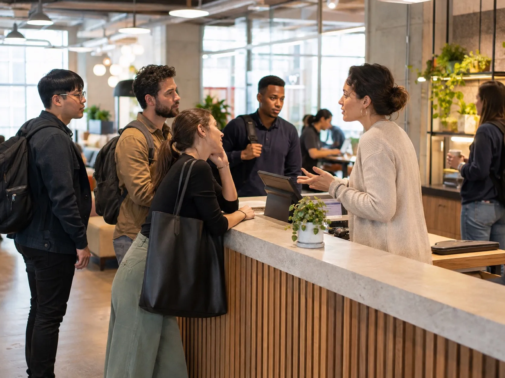 A community manager at the front desk fielding questions from several members at once.