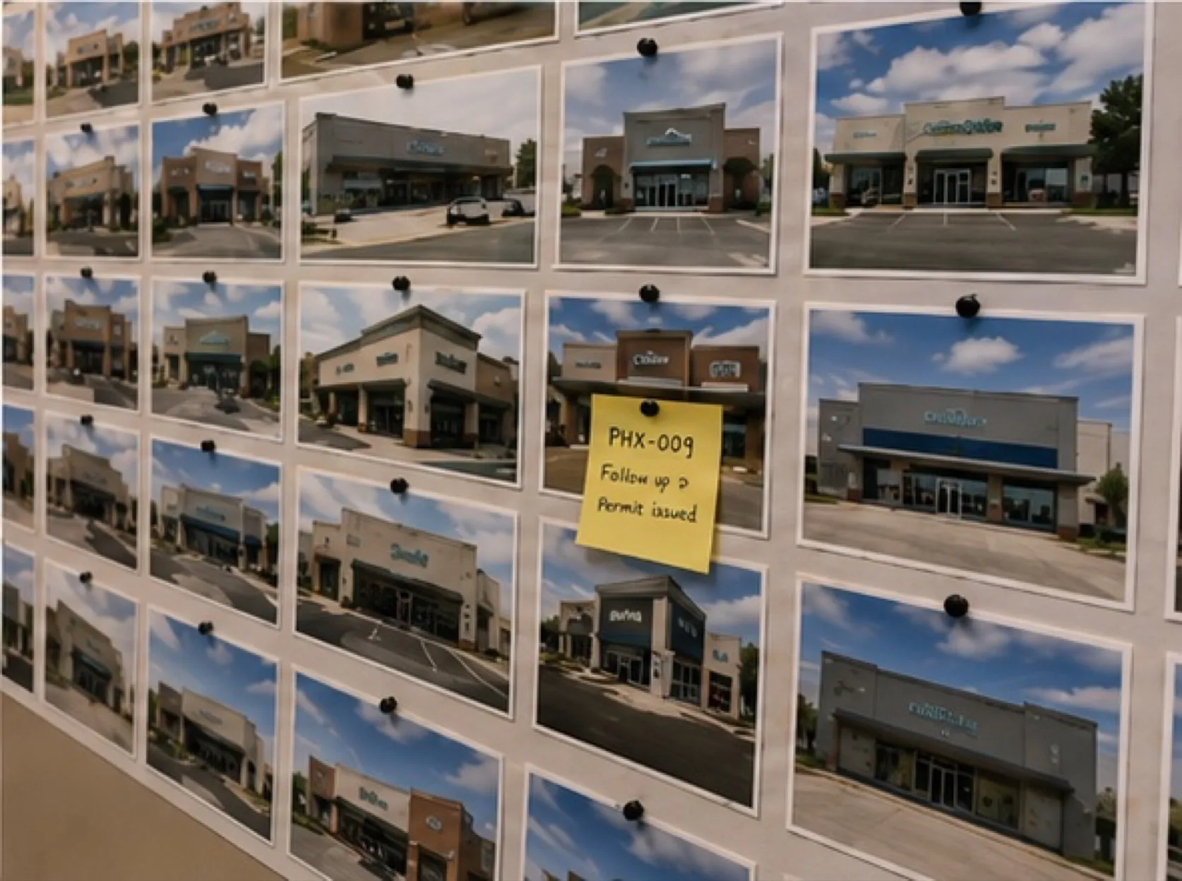 A wall grid of storefront photos, one marked with a sticky note.