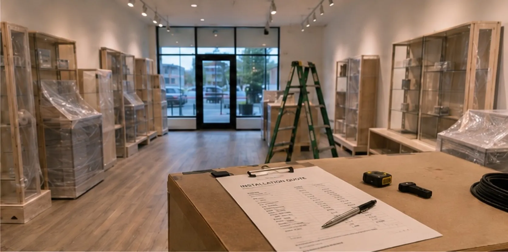 A just-fitted-out storefront with fixtures wrapped and an installer's quote sheet on the counter.