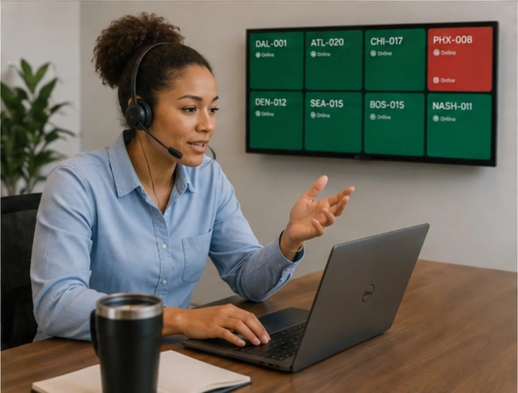 An ops manager mid-call at a laptop, one location tile red on the status board behind.