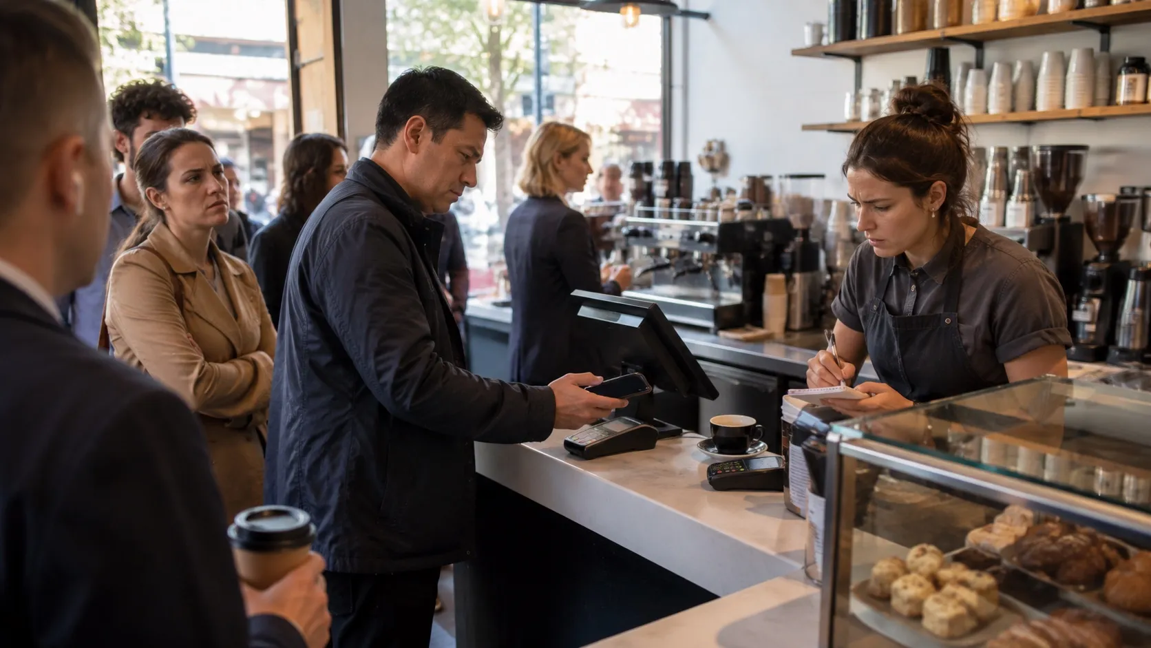 A coffee shop counter at morning rush, a customer mid tap-to-pay and a queue waiting behind.