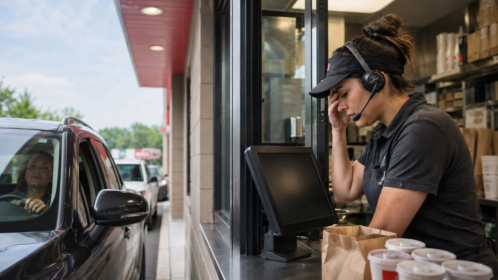 A drive-thru operator at a stalled order screen while cars queue back to the road.