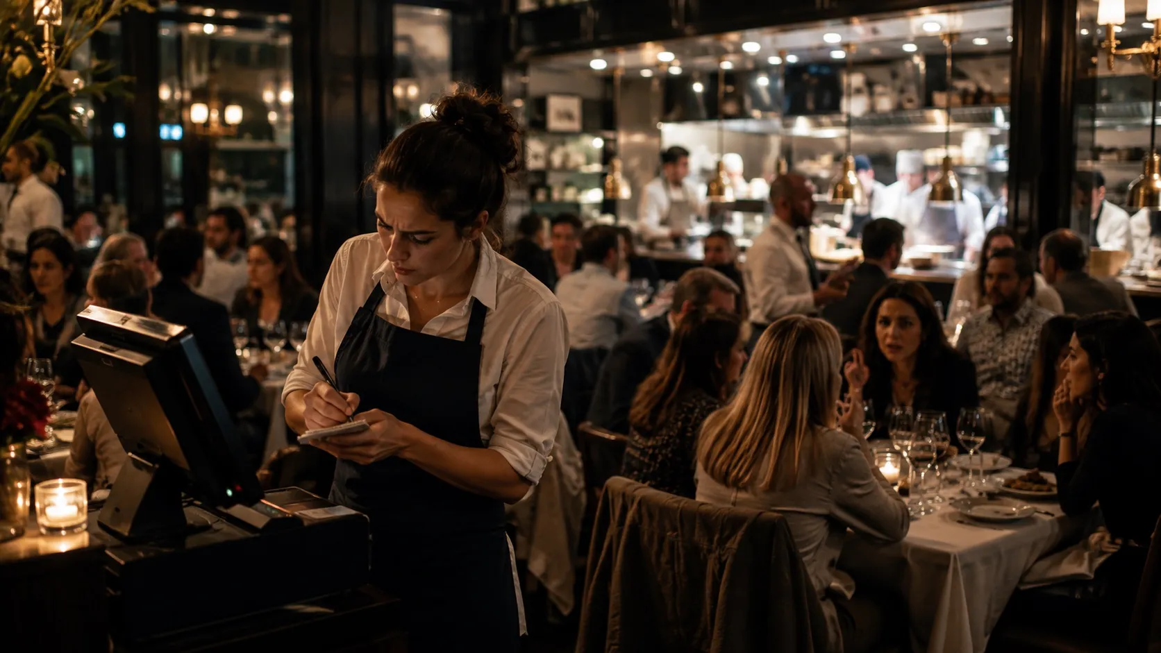 A server writing an order by hand beside a POS terminal in a full dining room.