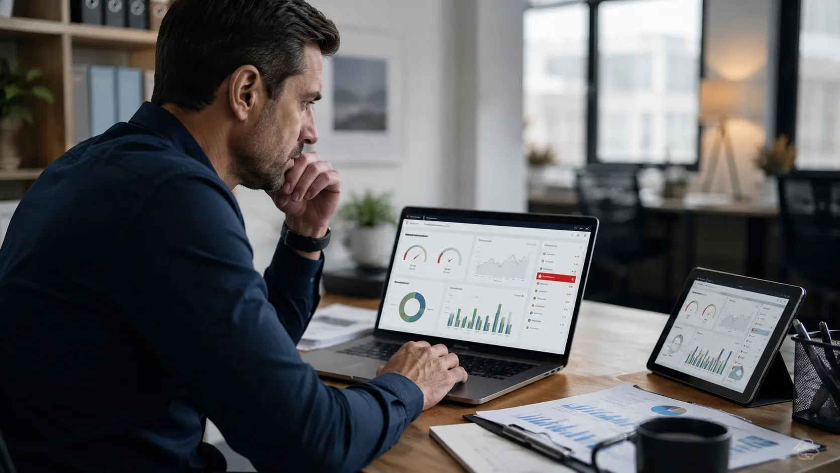 A manager at a laptop reviewing a multi-location dashboard with one site flagged in red.