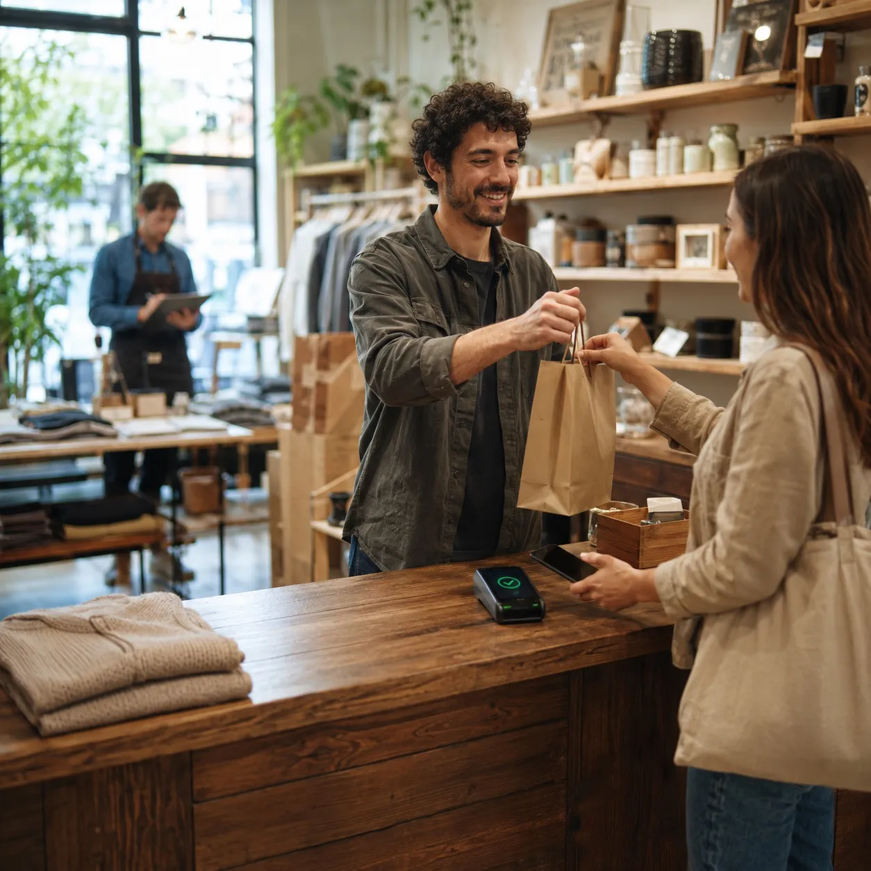 A busy independent retail store at the moment of a card transaction.