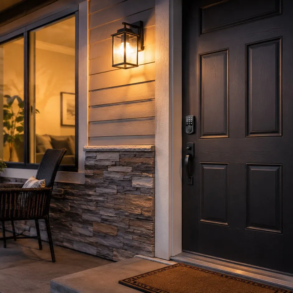 A rental exterior at dusk, porch light on, keypad smart lock visible on the front door.
