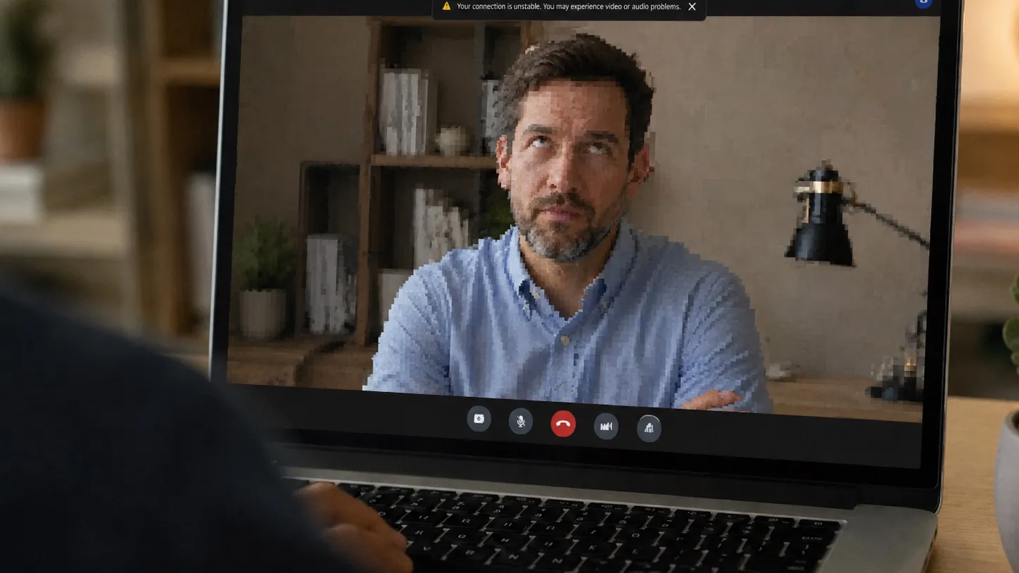 A laptop video call showing an unstable-connection warning across the top of the screen.