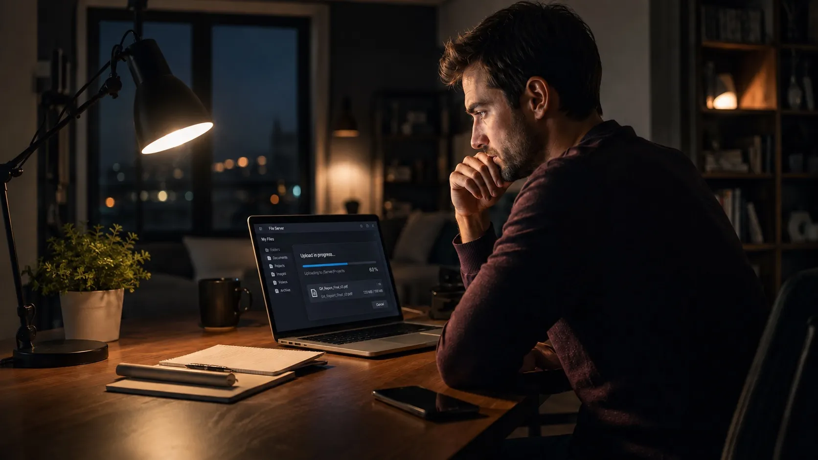 A dim home office late at night, one lamp on and a progress bar crawling across the laptop screen.