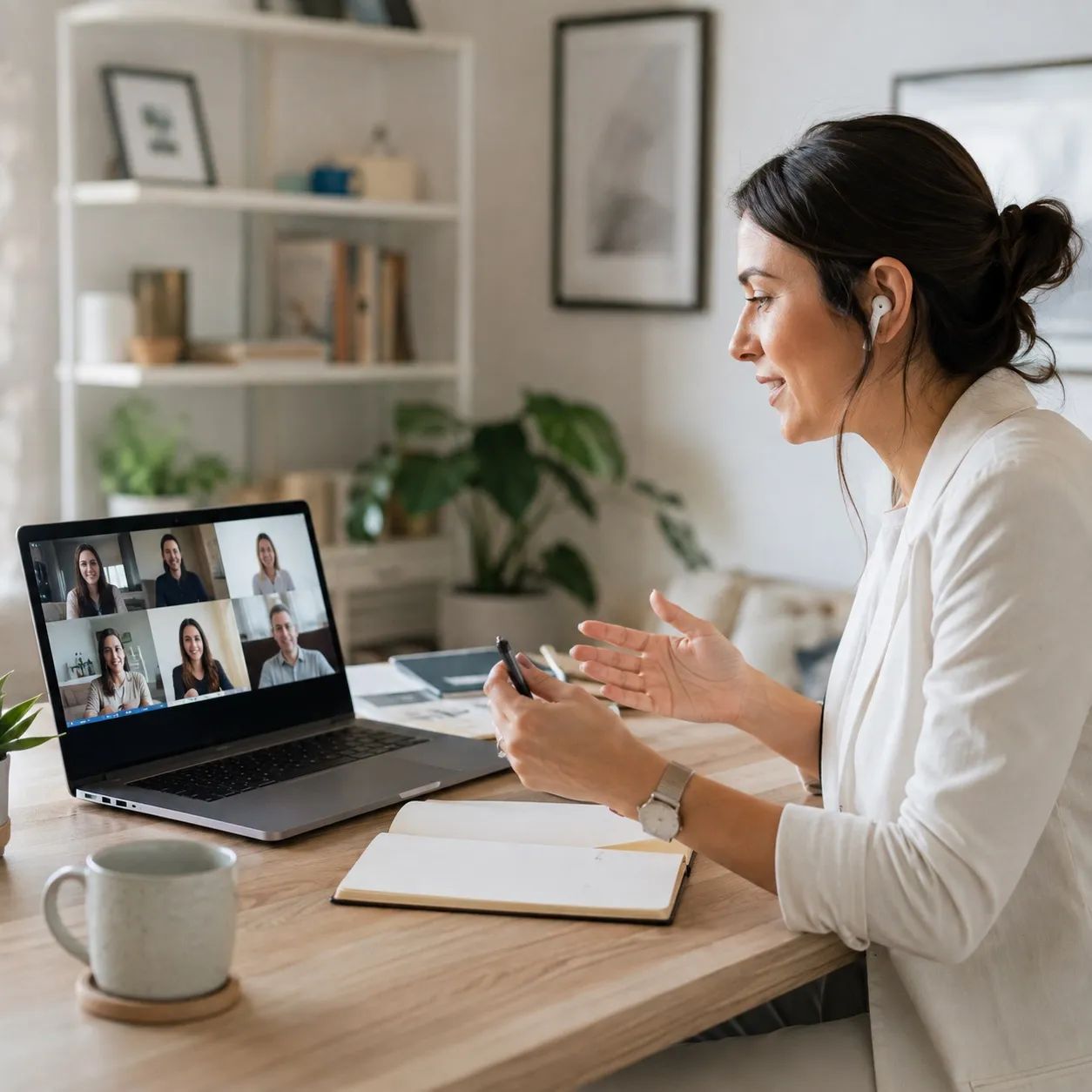 A remote worker on a video call at a home desk, the call grid visible on the laptop.