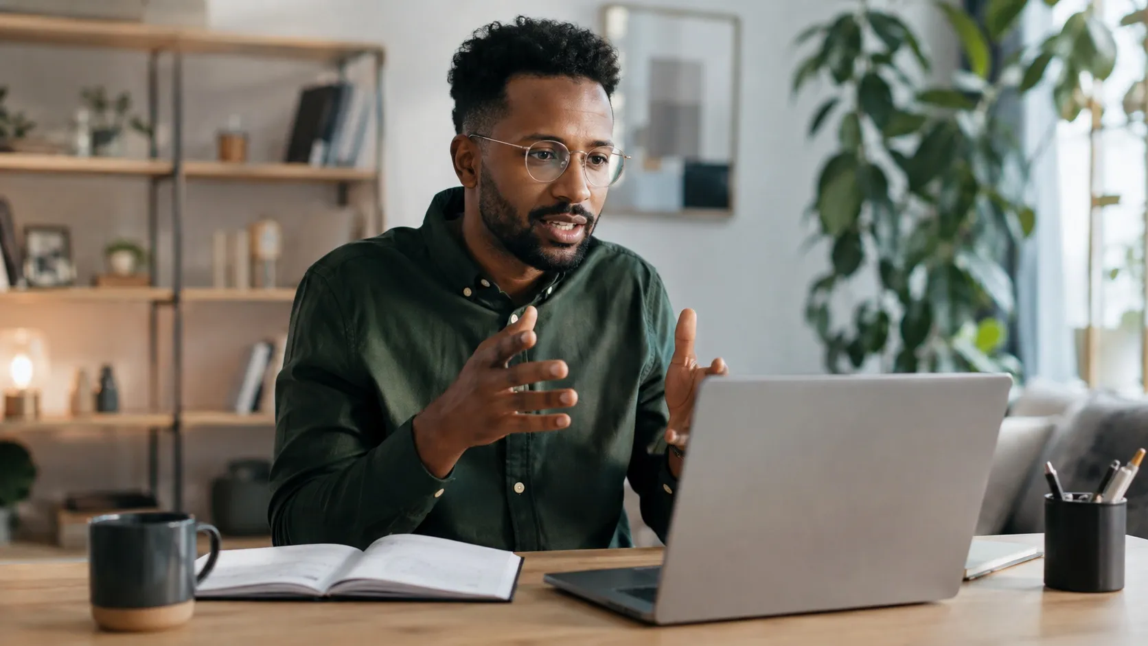 A remote worker at a home desk, mid-explanation on a video call.