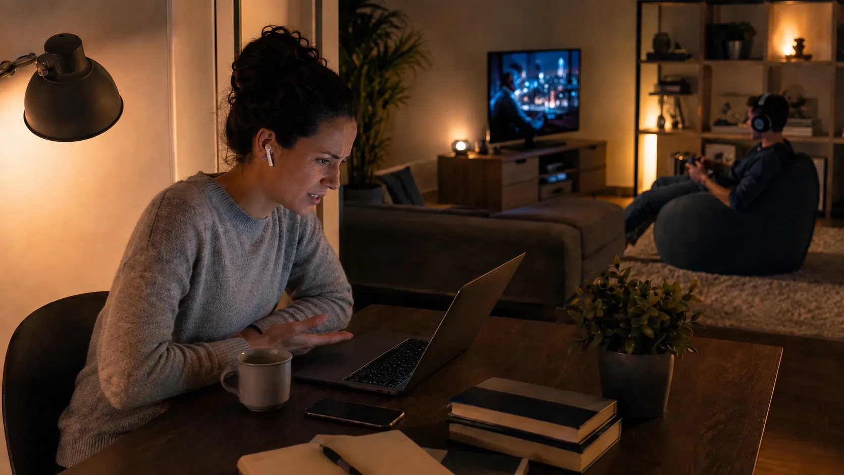Someone on an evening video call at a desk while a TV streams and another person games in the room behind.